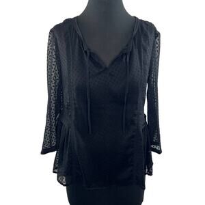 Anthropologie Vanessa Virginia Black 3/4 Sleeve Swiss Dot Tie Neck Top Size 4
